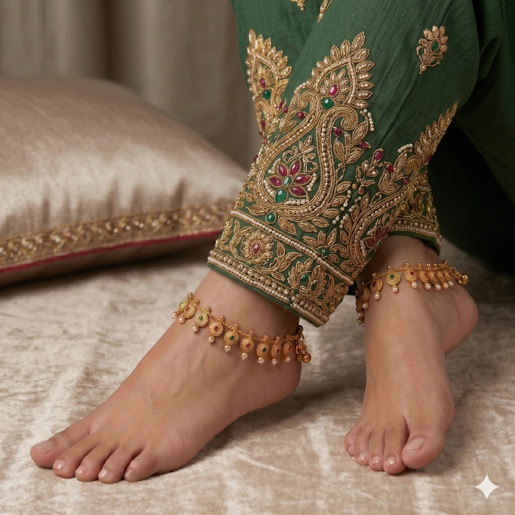 QDORA Gold Multi-Stone Pearl Traditional Payal