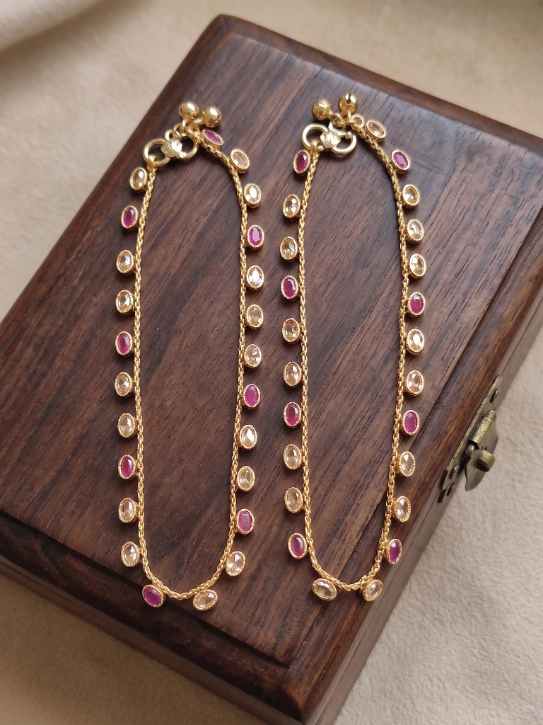 QDORA Gold Ruby & Clear Stone Beaded Chain Anklet Set