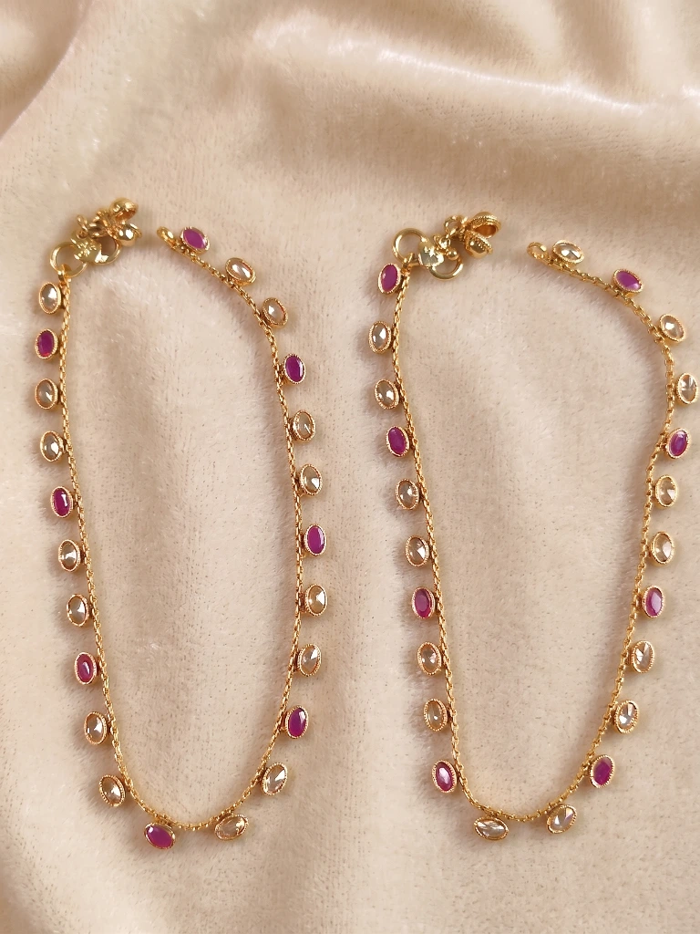 QDORA Gold Ruby & Clear Stone Beaded Chain Anklet Set image 2