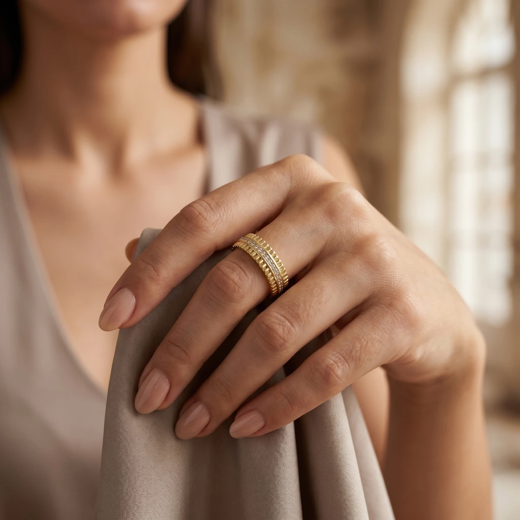 QDORA Gold Textured Crystal Band Open Ring image 4