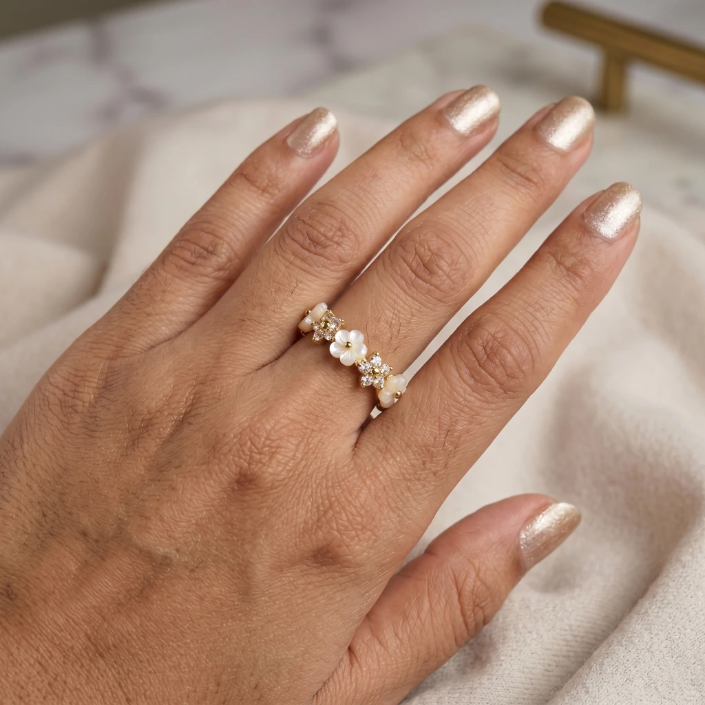 QDORA Gold Floral Pearl Adjustable Ring image 3