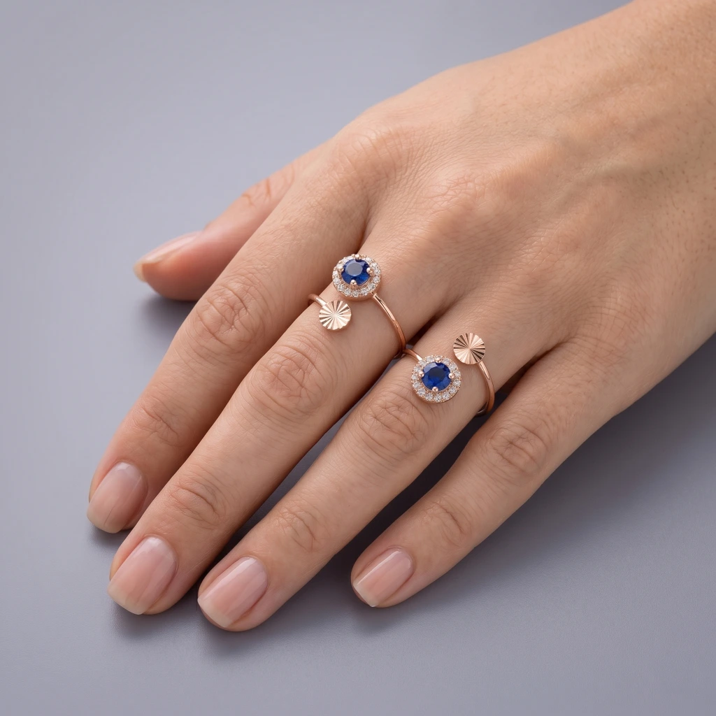 QDORA Rose Gold Blue Stone Halo Open Ring