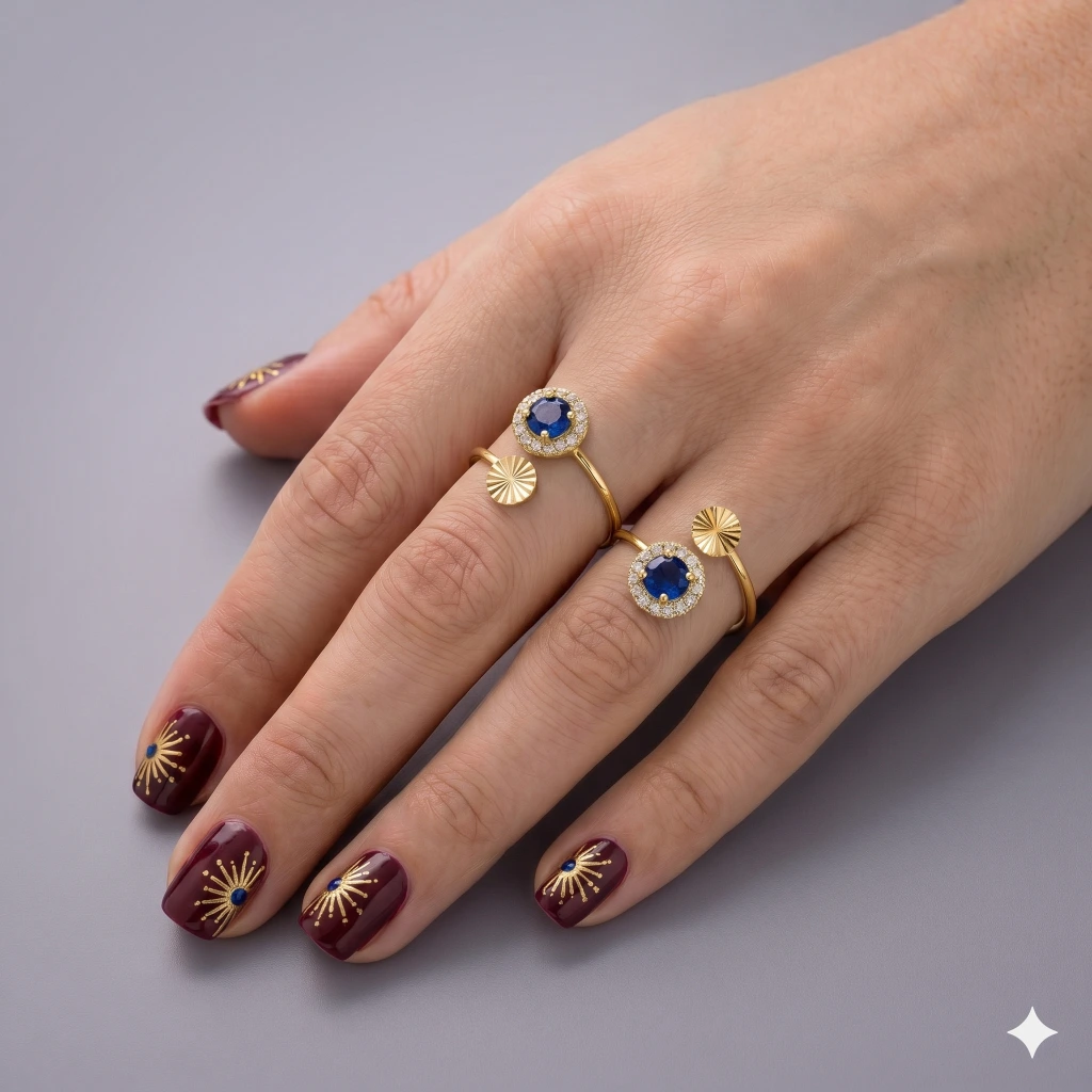 QDORA Gold Blue Stone Halo Open Ring image 2