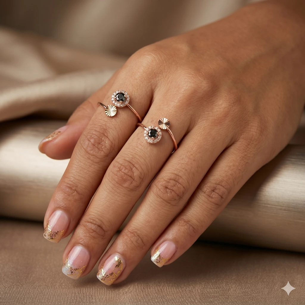 QDORA Rose Gold Black Stone Halo Open Ring image 2
