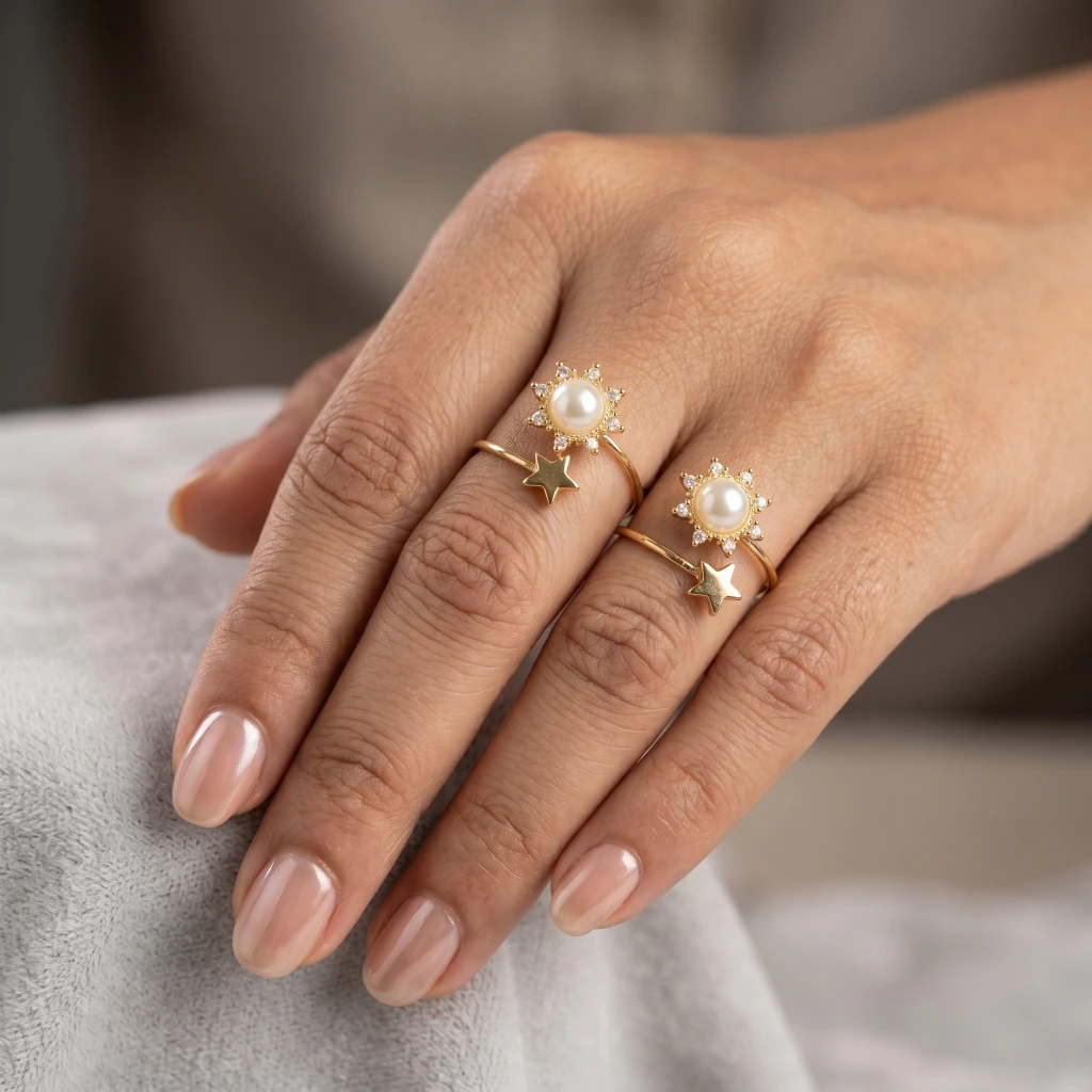 QDORA Gold Pearl Star Sunburst Open Ring image 2