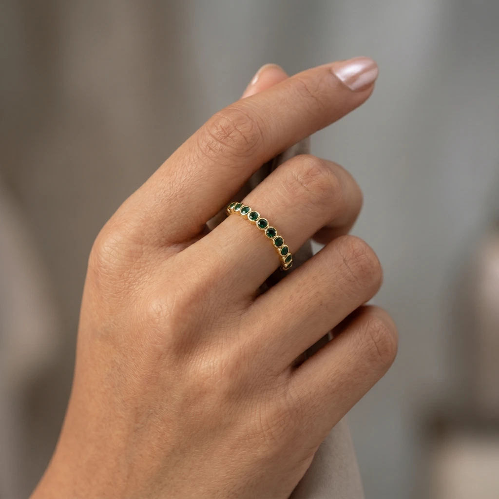 QDORA Gold Green Stone Eternity Open Ring image 2