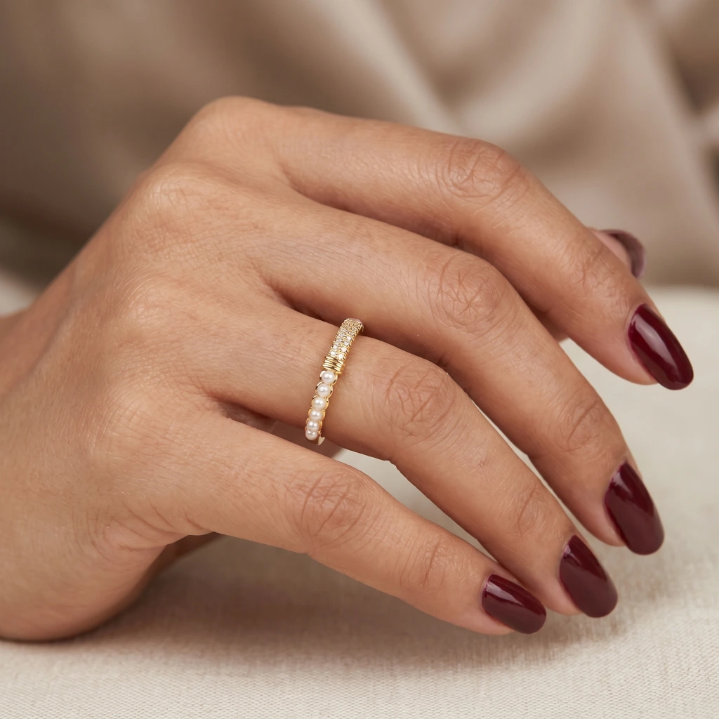 QDORA Gold Pearl Crystal Split Band Open Ring image 3