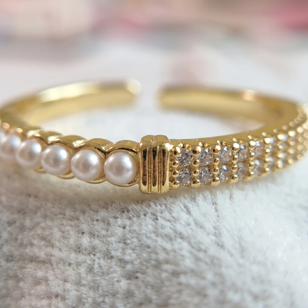 QDORA Gold Pearl Crystal Split Band Open Ring image 4