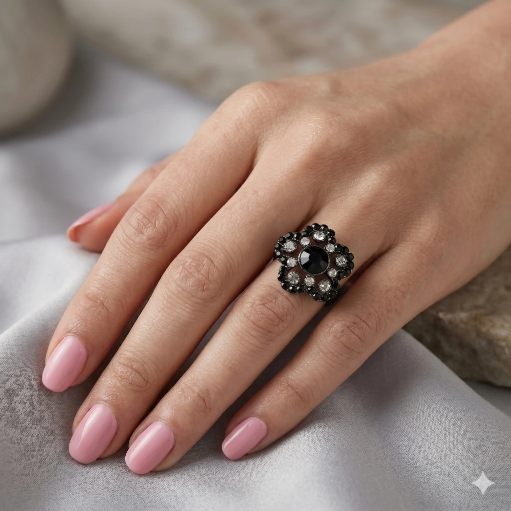 QDORA Silver Black Floral Cocktail Ring image 3
