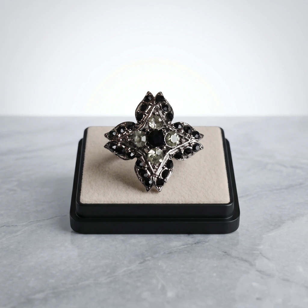 QDORA Silver Black Grey Geometric Cocktail Ring image 2