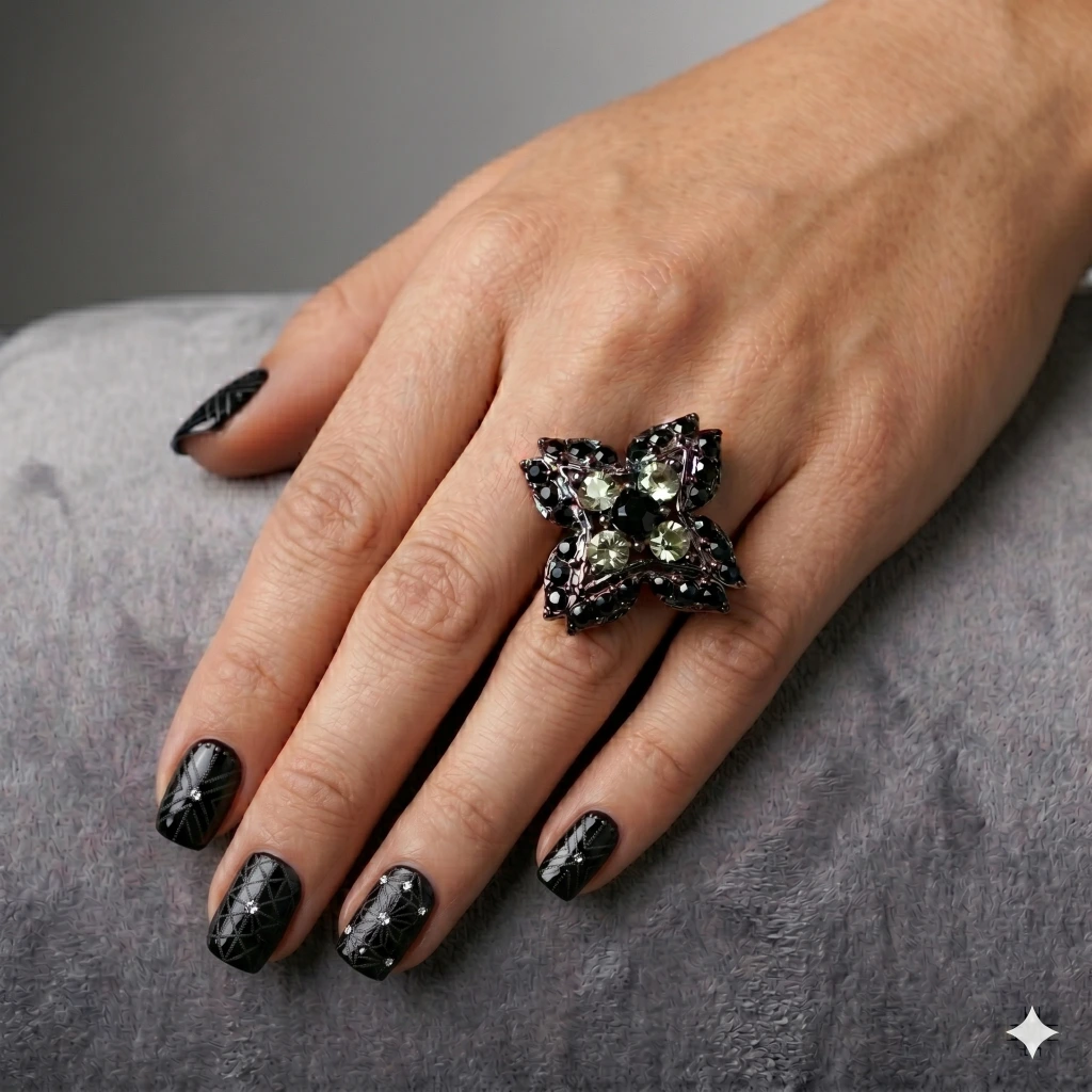 QDORA Silver Black Grey Geometric Cocktail Ring image 3