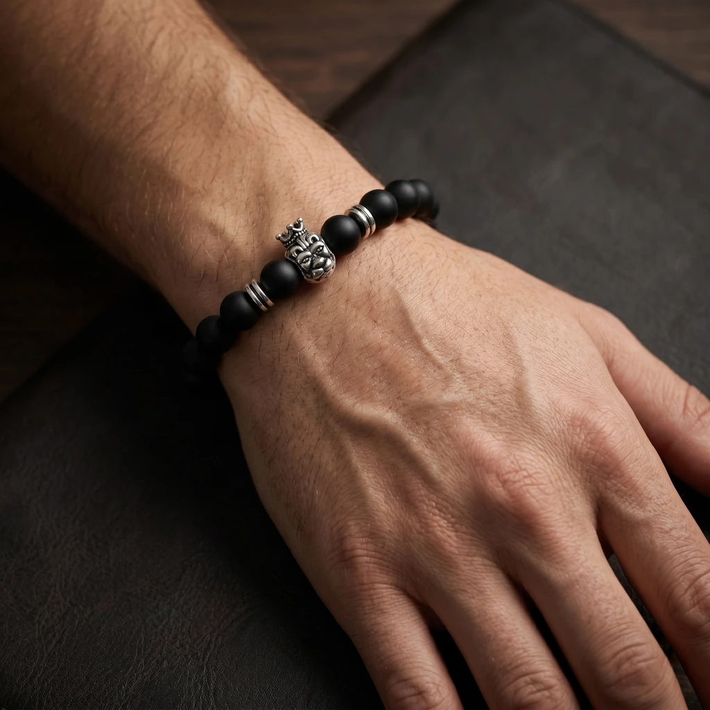QDORA Black Beaded Silver Lion Bracelet image 2