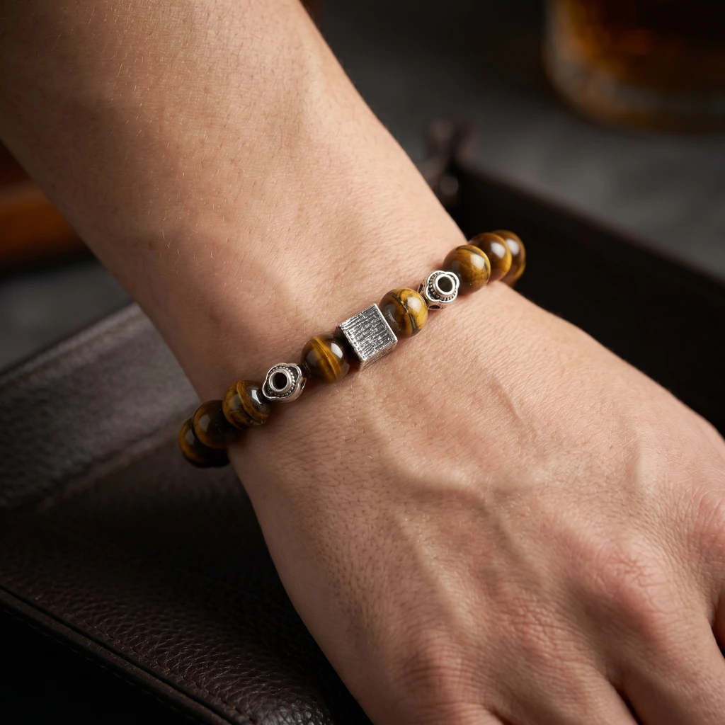 QDORA Brown Tigers Eye Silver Bead Bracelet image 2