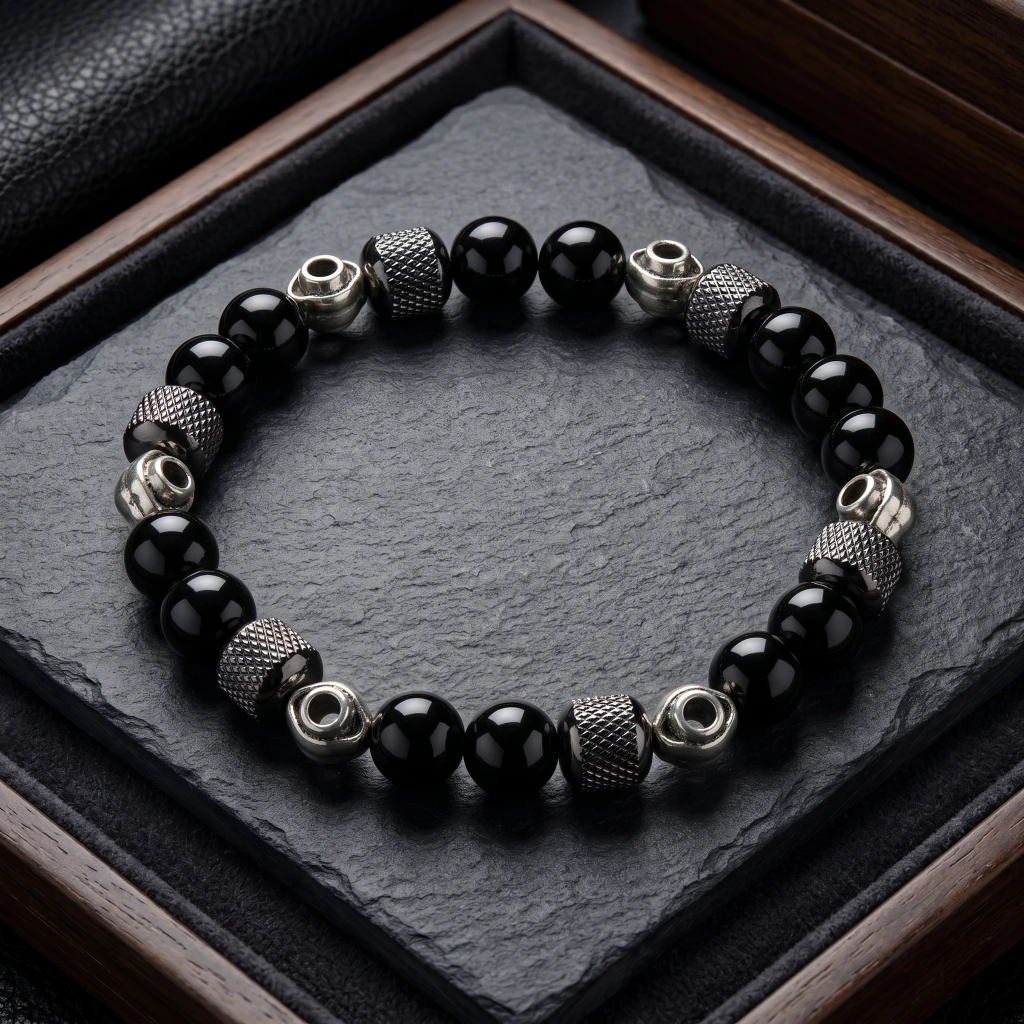 QDORA Black Glossy Bead Textured Silver Bracelet image 3