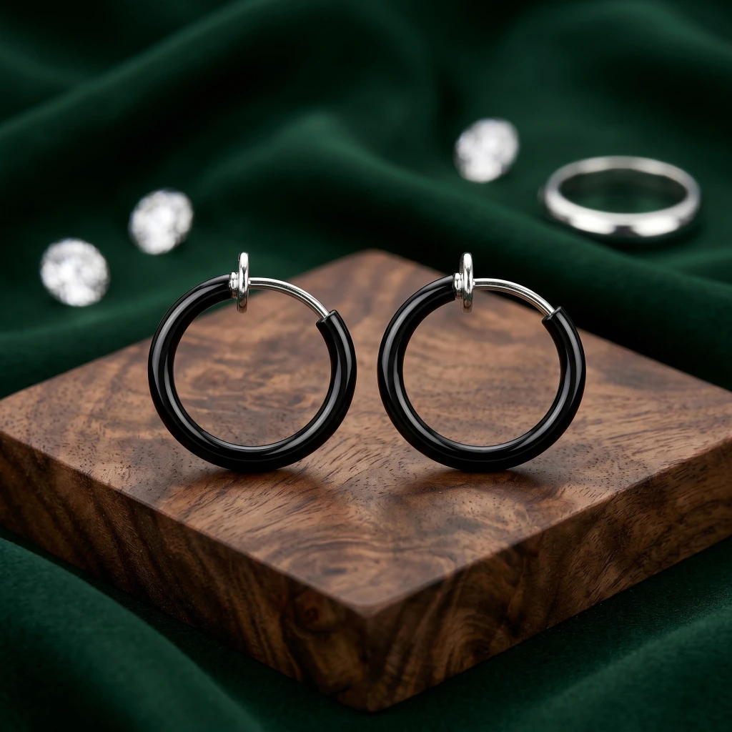 QDORA Black Stainless Steel Non Pierced Hoop Earrings image 1