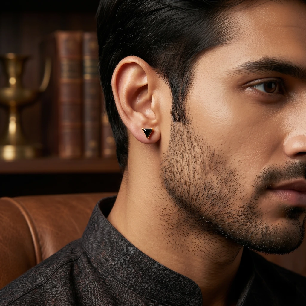 QDORA Gold Triangle Black Stone Magnetic Earrings