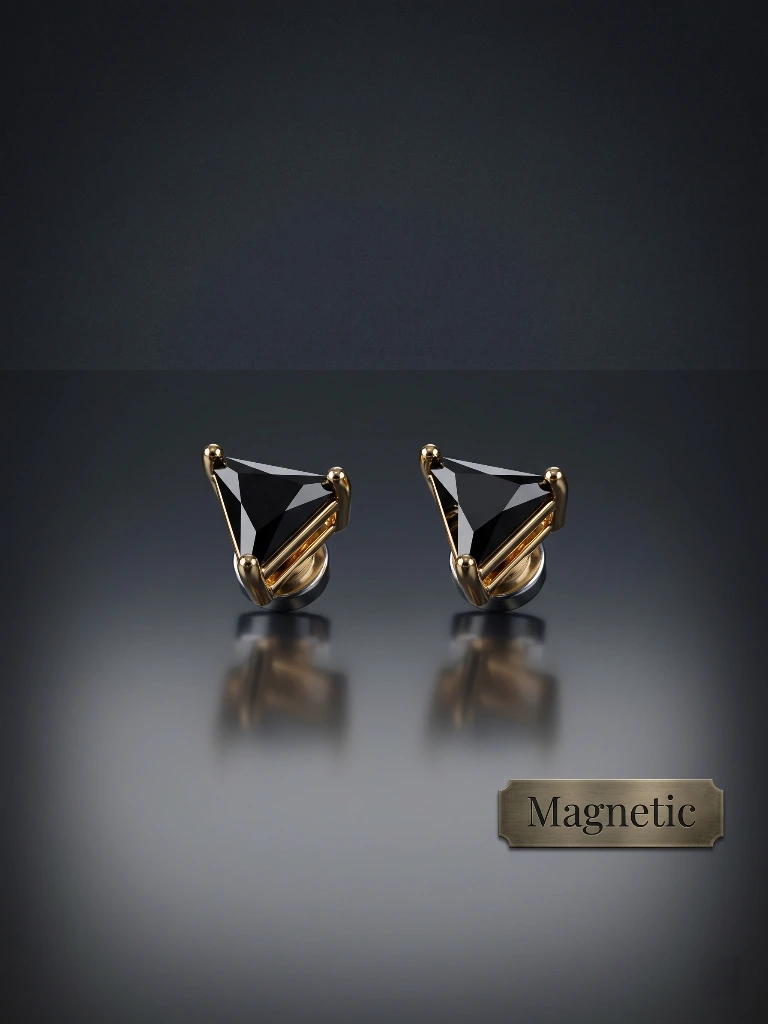 QDORA Gold Triangle Black Stone Magnetic Earrings image 2