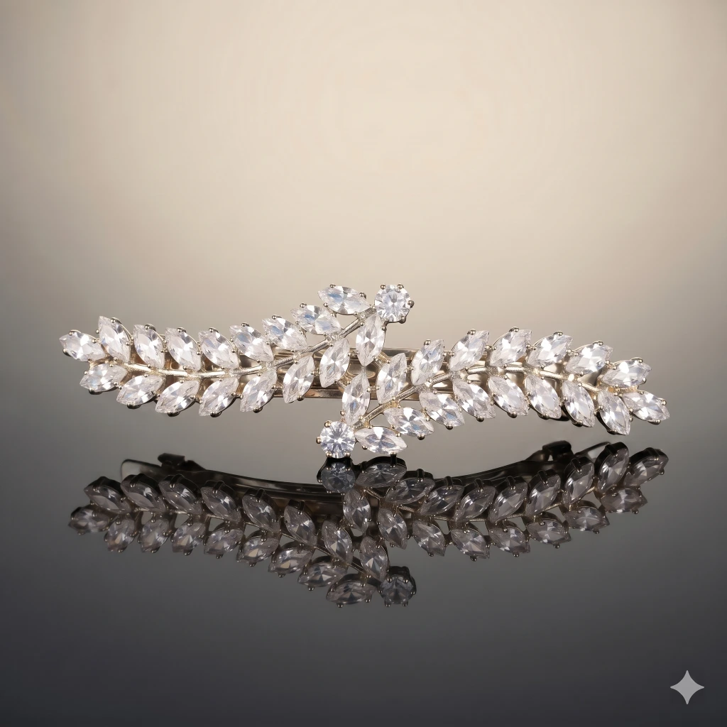 QDORA Silver Crystal Leaf Bridal Hair Barrette image 2