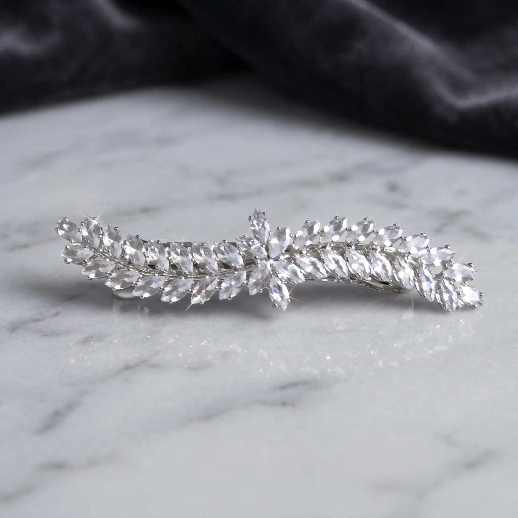 QDORA Silver Crystal Leaf French Barrette image 2