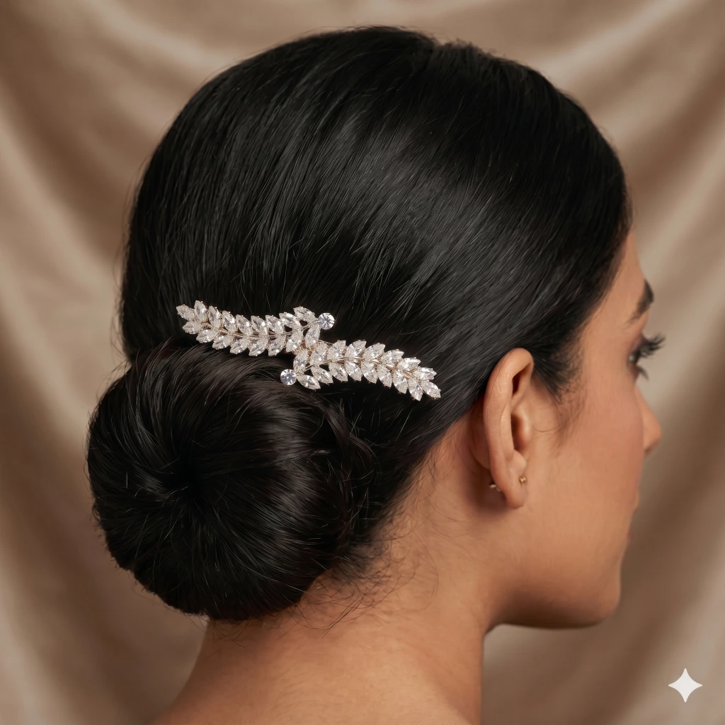 QDORA Silver Crystal Leaf Bridal Hair Barrette image 3
