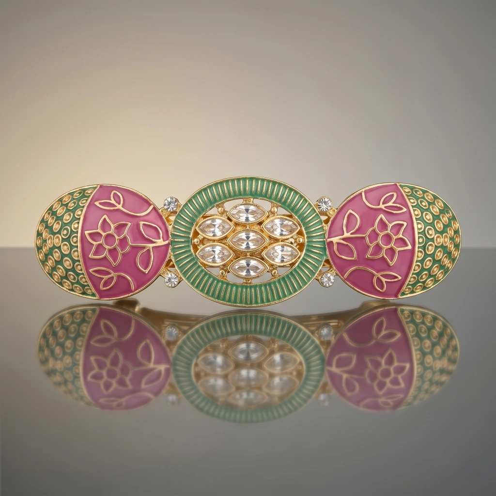 QDORA Gold Enamel Pink Green Hair Barrette