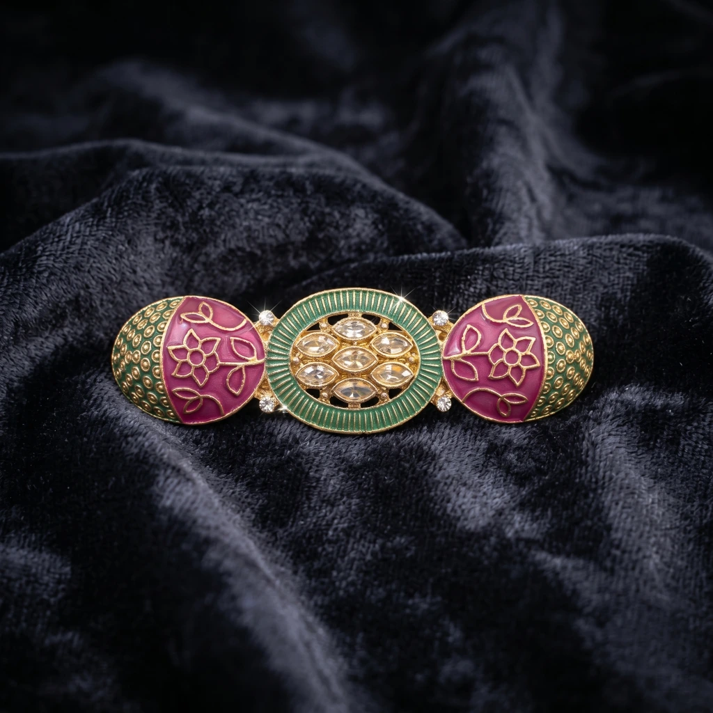 QDORA Gold Enamel Pink Green Hair Barrette image 2