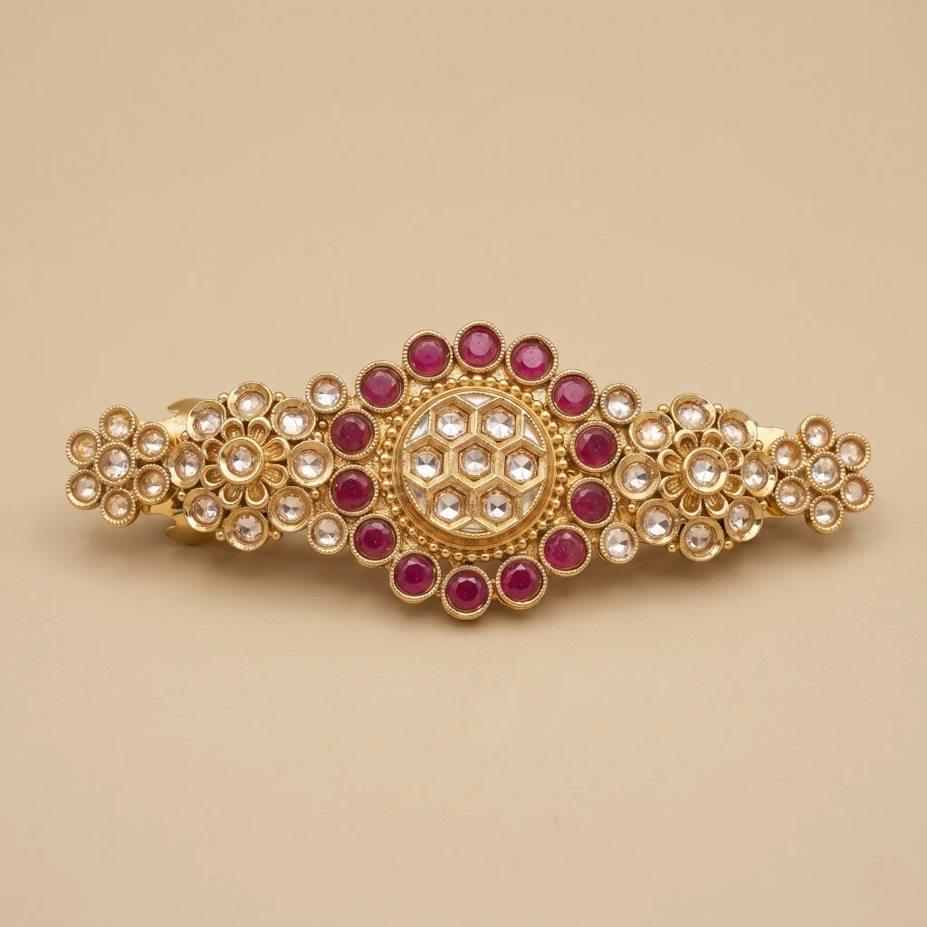 QDORA Gold Ruby Kundan Work Barrette image 1