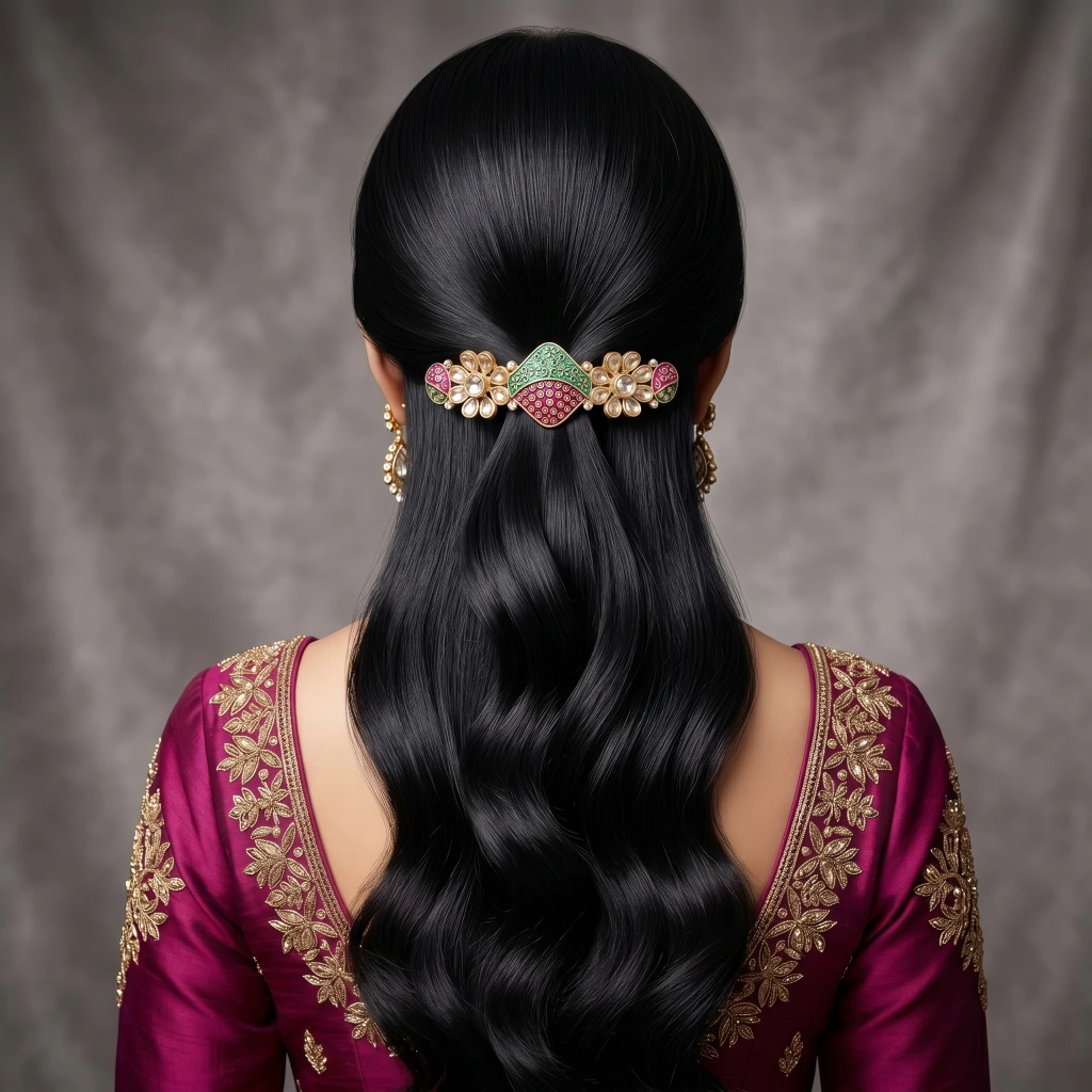 QDORA Gold Enamel Kundan Floral Barrette image 2