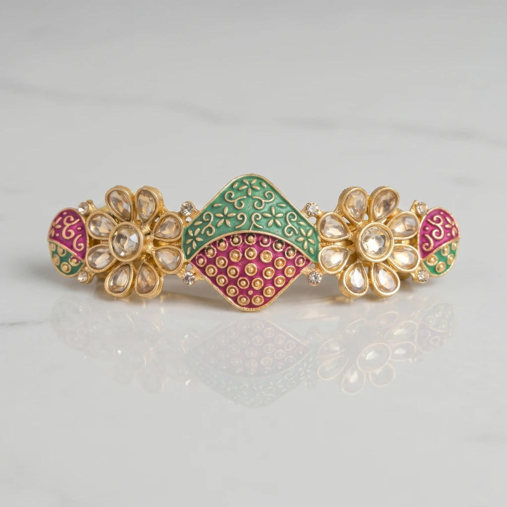 QDORA Gold Enamel Kundan Floral Barrette