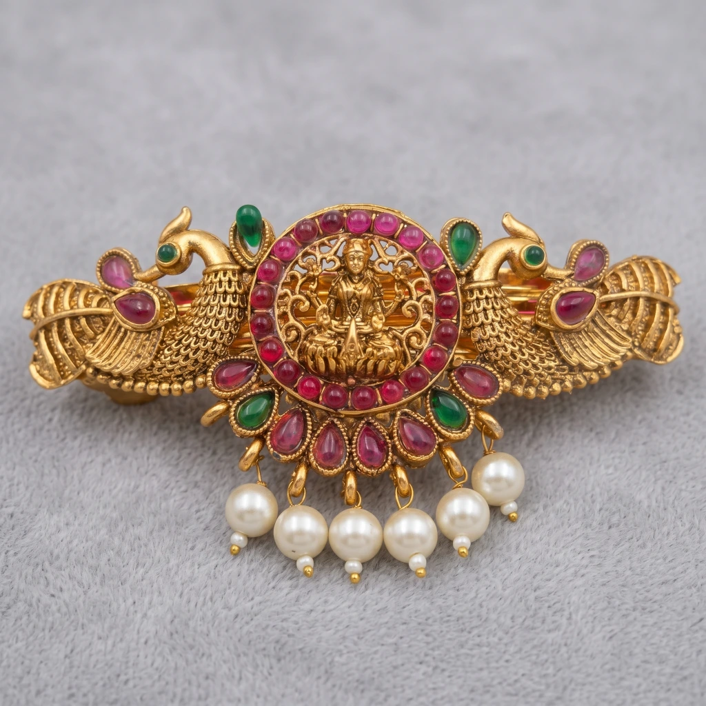 QDORA Antique Gold Peacock Lakshmi Temple Barrette image 3