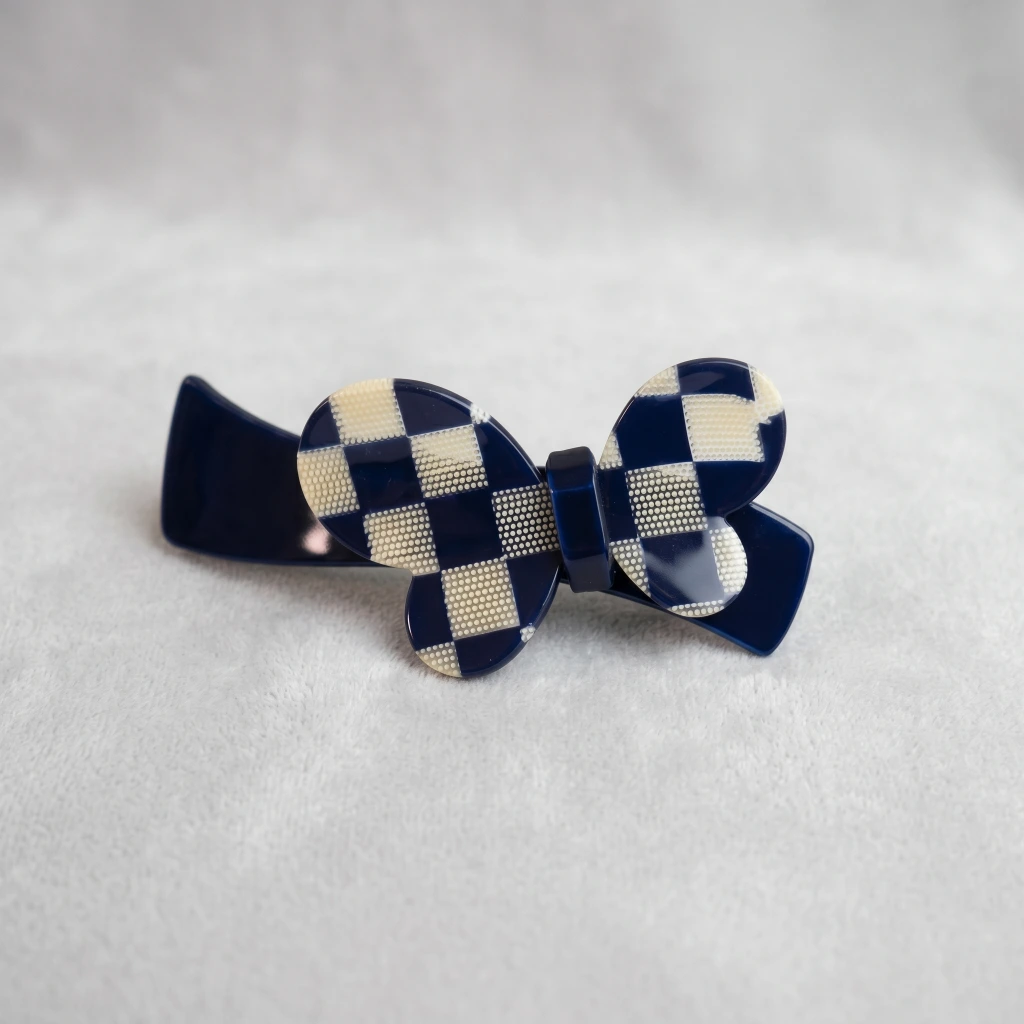 QDORA Blue Checkered Butterfly French Barrette