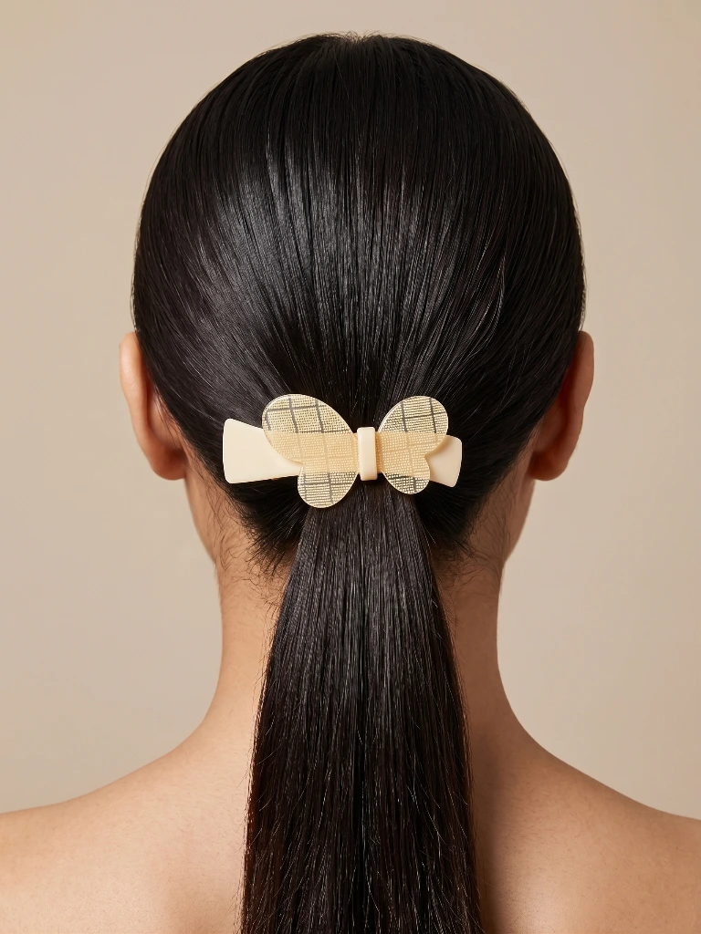 QDORA Beige Checkered Butterfly French Barrette image 2