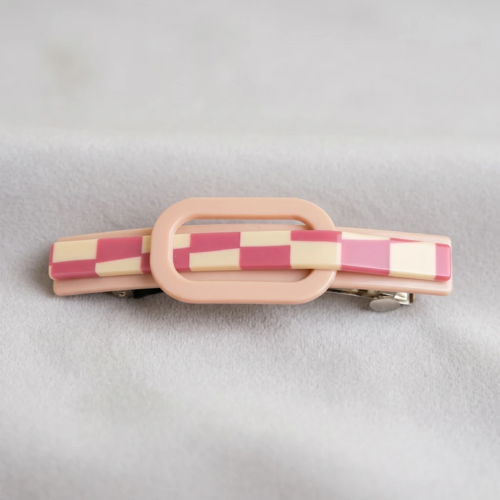 QDORA Magenta Checkered Oval French Barrette image 2