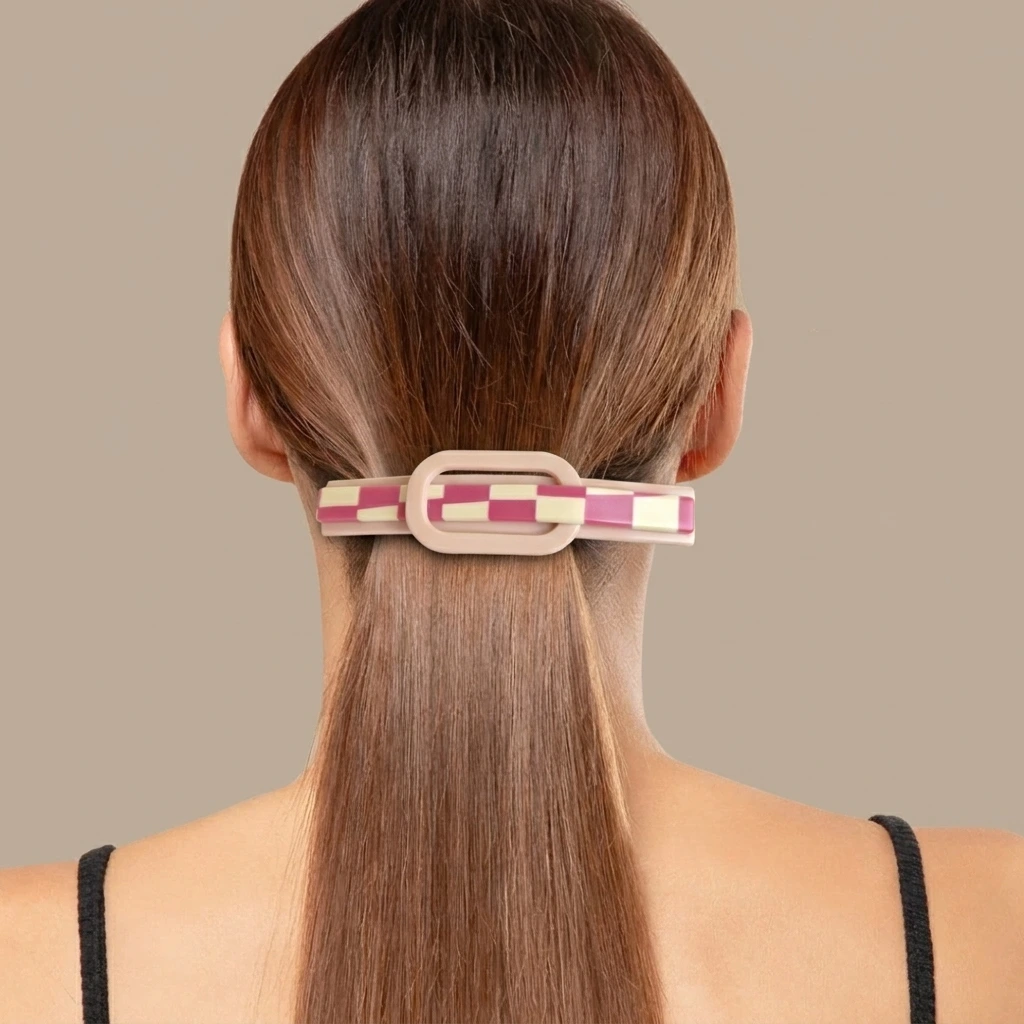 QDORA Magenta Checkered Oval French Barrette