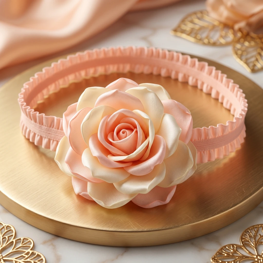 QDORA Pink Peach Satin Flower Elastic Hair Band image 2