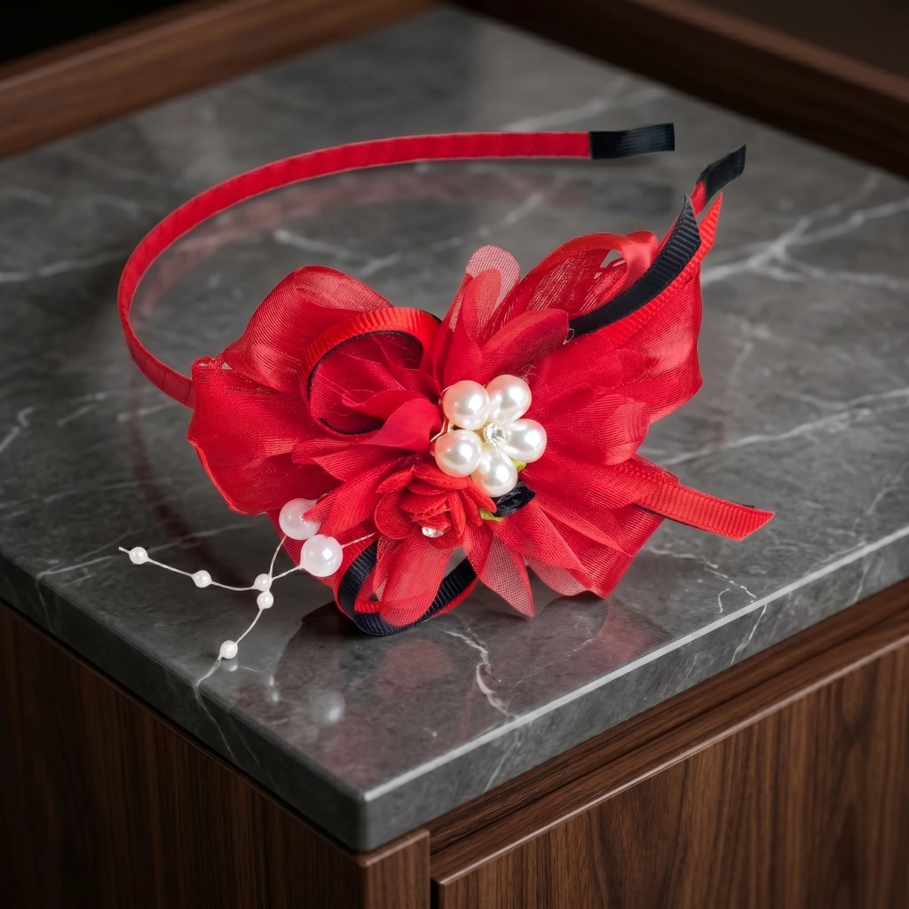 QDORA Red Bow Pearl Fabric Headband image 1