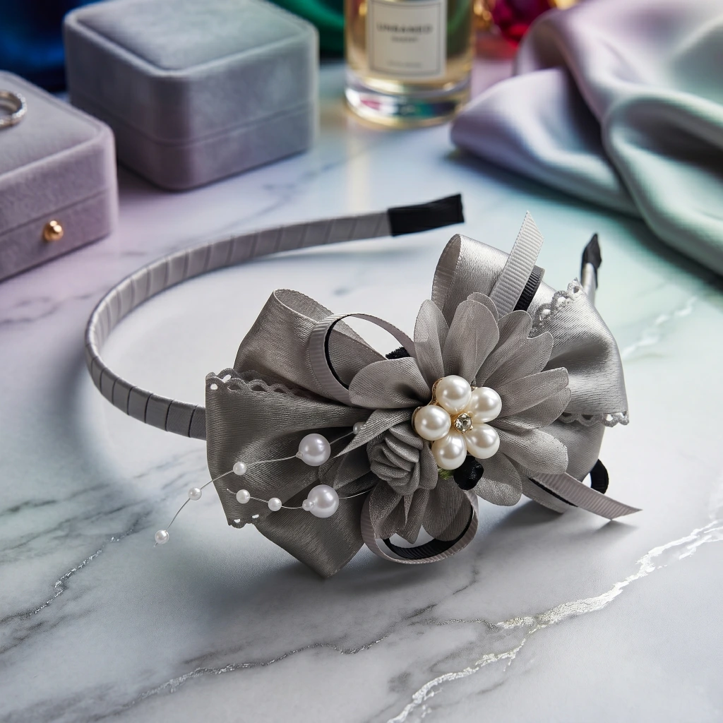 QDORA Grey Bow Pearl Fabric Headband image 2