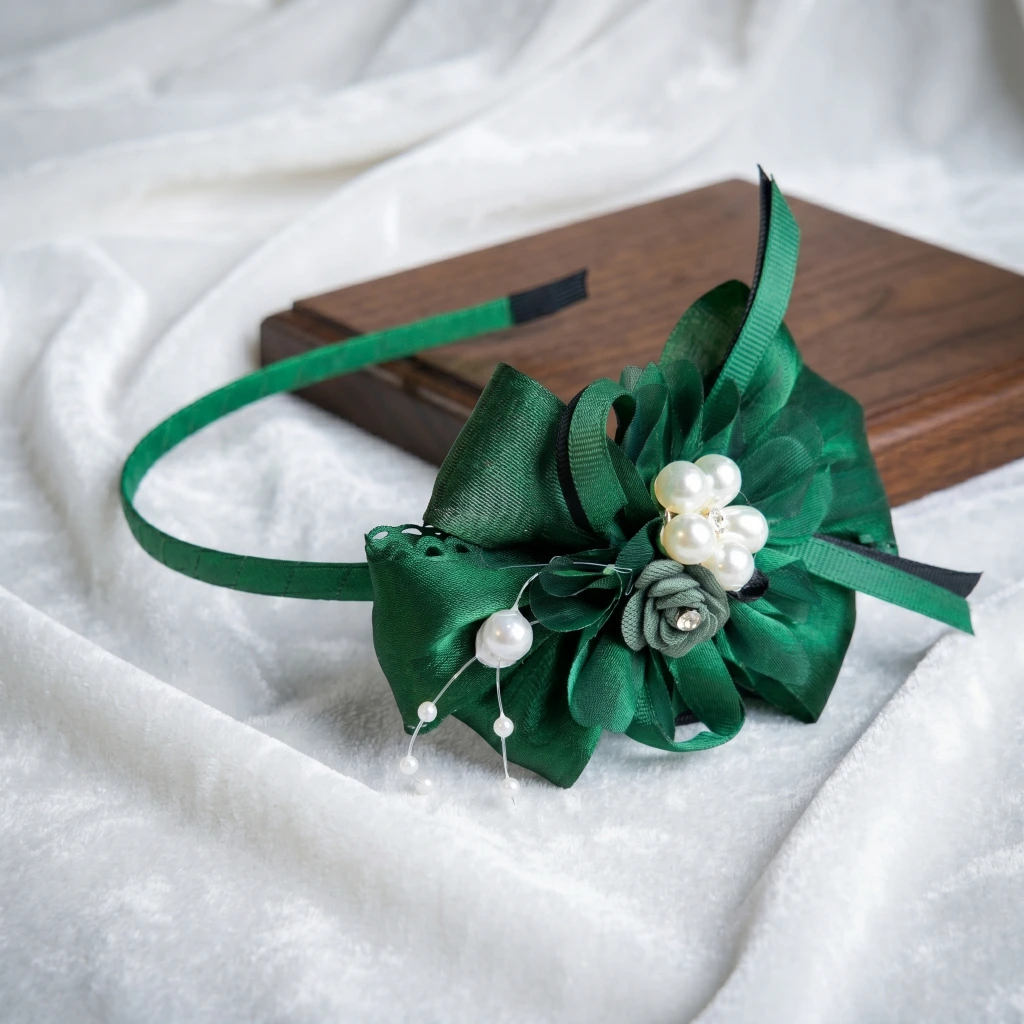 QDORA Green Bow Pearl Fabric Headband