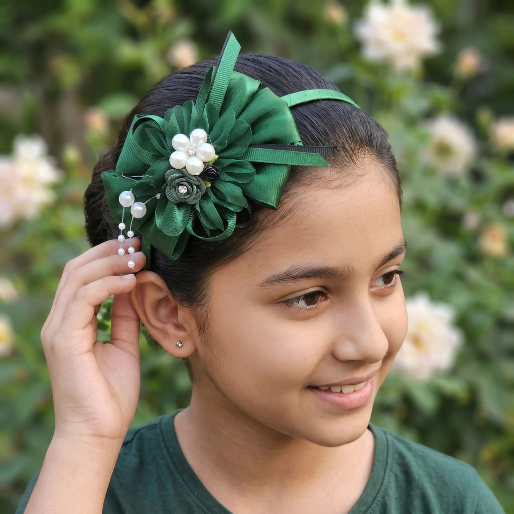QDORA Green Bow Pearl Fabric Headband image 2