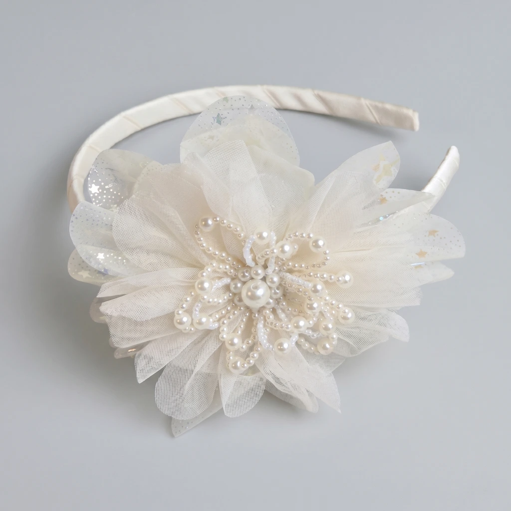 QDORA Off White Pearl Flower Fabric Headband image 2