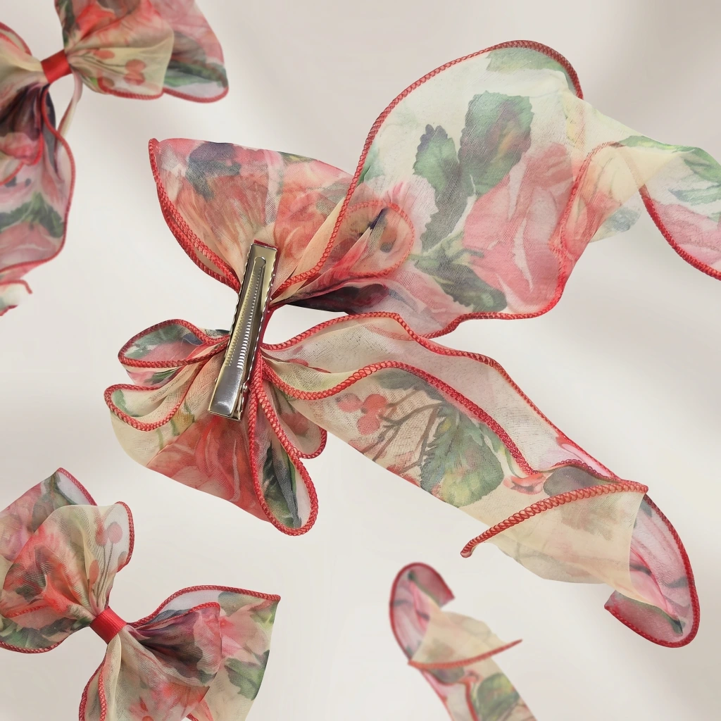 QDORA Red Floral Organza Hair Bow image 3