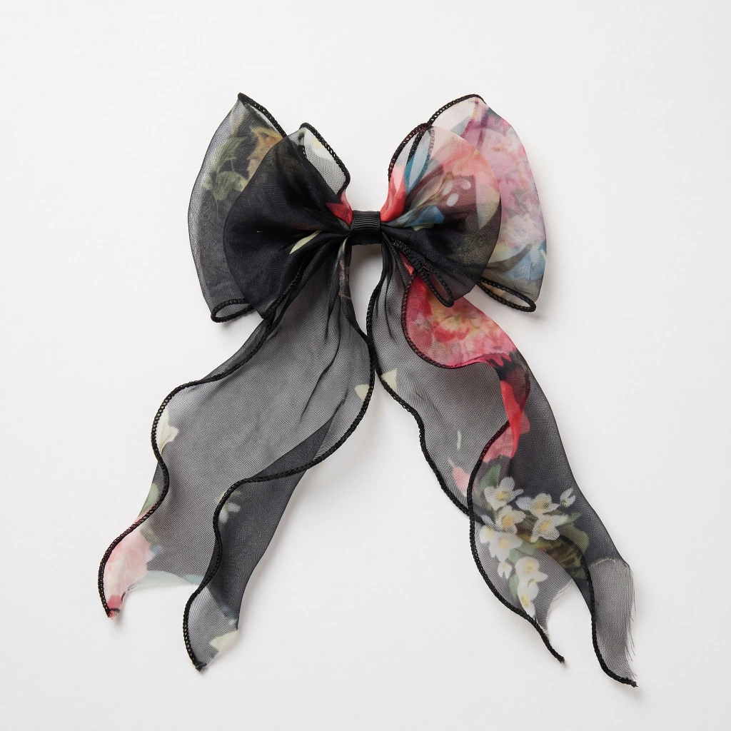 QDORA Black Floral Organza Hair Bow image 2