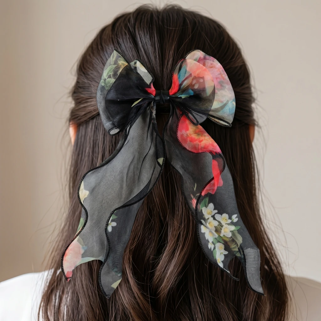 QDORA Black Floral Organza Hair Bow