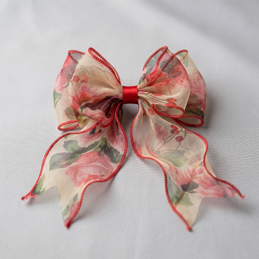 QDORA Red Floral Organza Hair Bow
