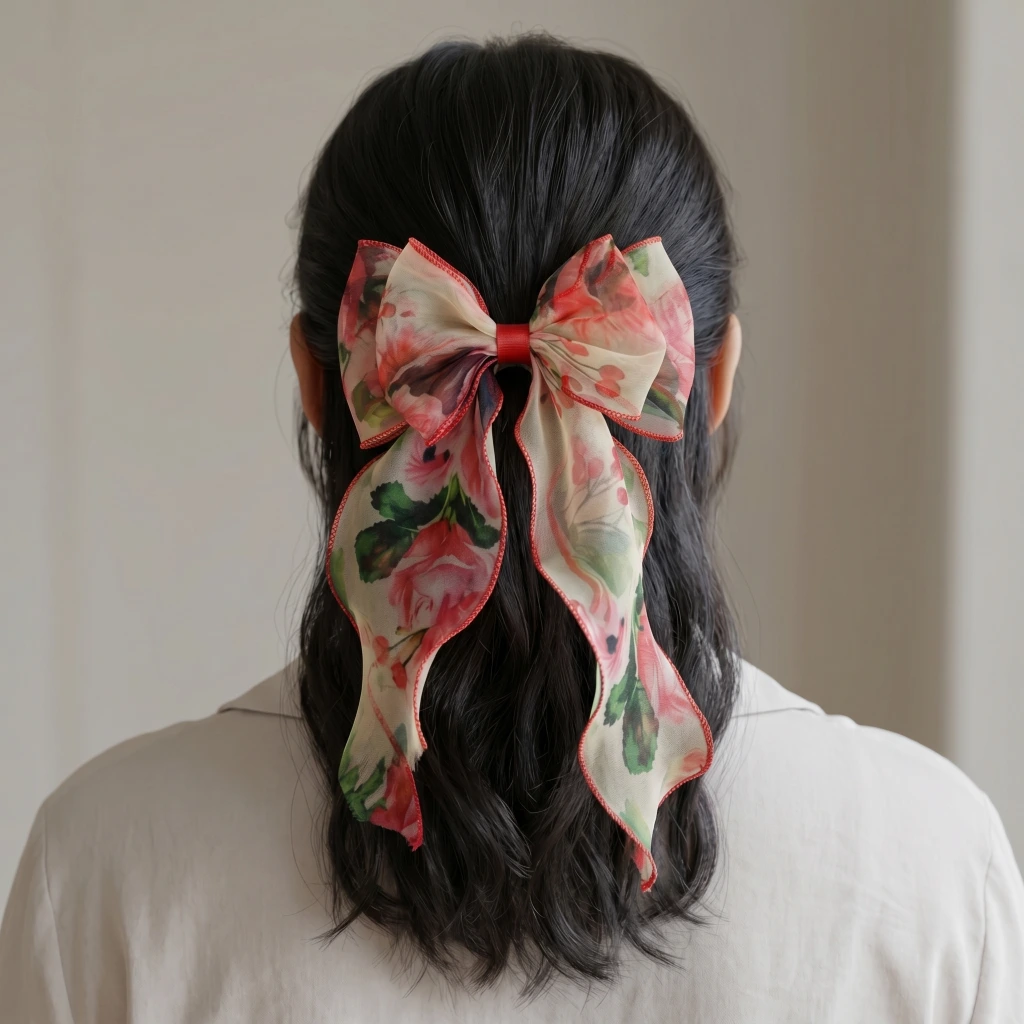 QDORA Red Floral Organza Hair Bow image 2