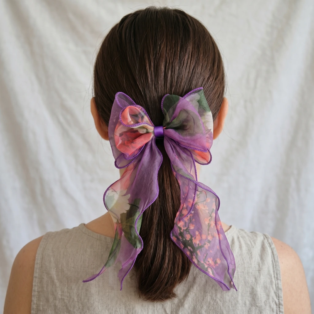 QDORA Purple Floral Organza Hair Bow