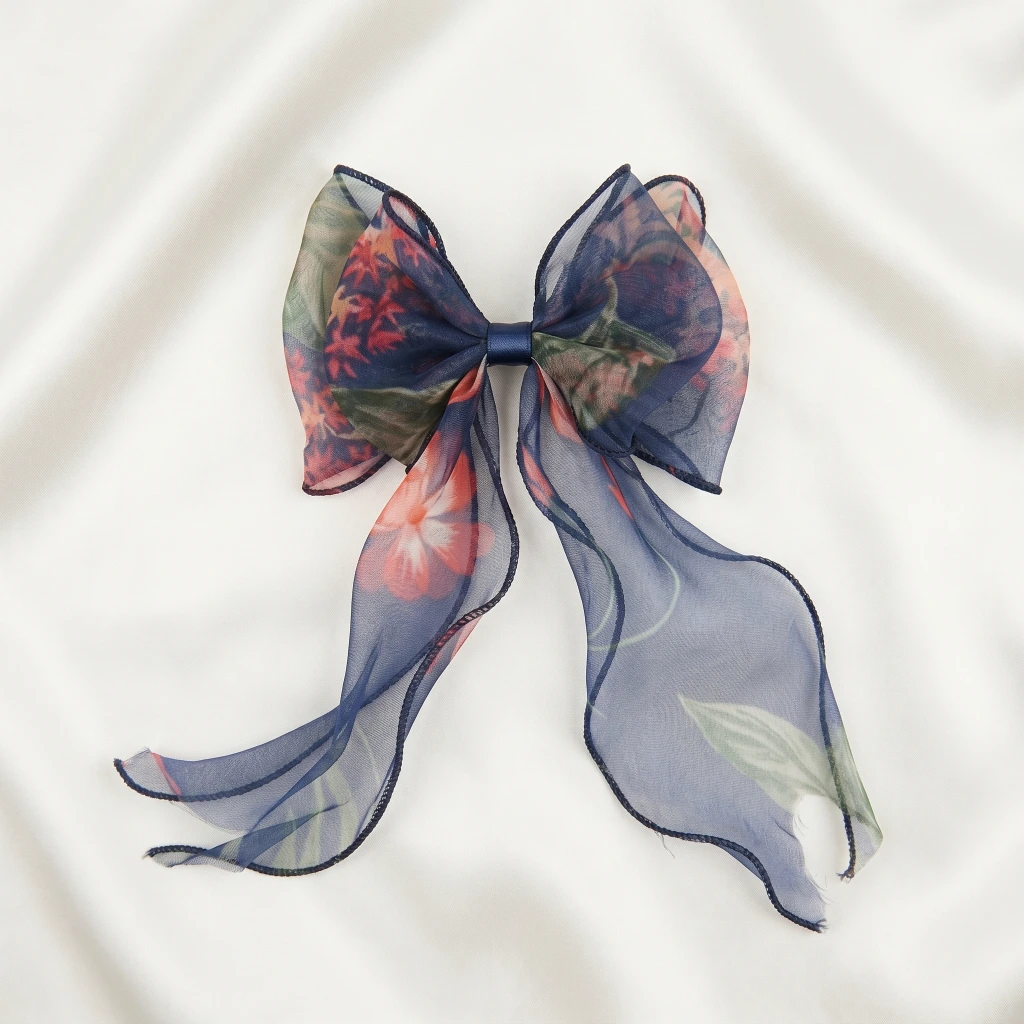 QDORA Blue Floral Organza Hair Bow image 2