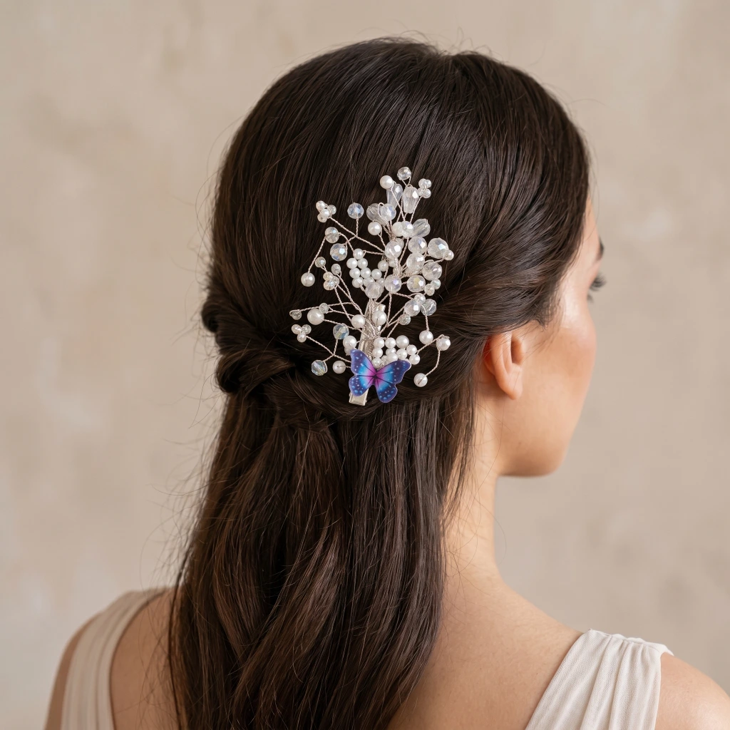 QDORA Silver Pearl Butterfly Alligator Clip