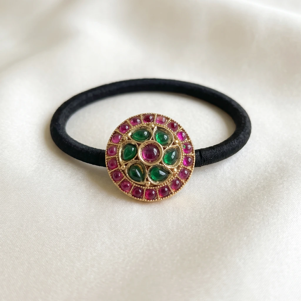 QDORA Gold Ruby Green Round Embellished Hair Ties