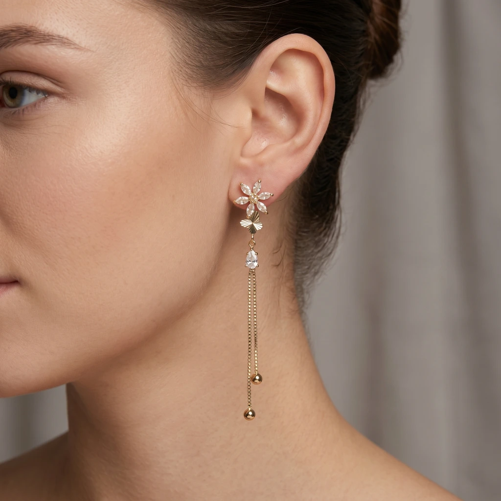 QDORA Gold Floral Crystal Dangle Earrings image 1